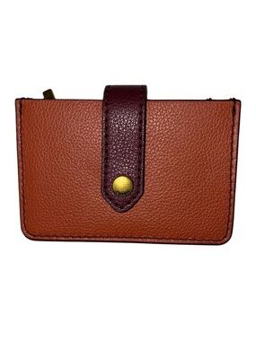 Fossil Leather Card Wallet with Burgundy Snap Strap - Brown/Rust color